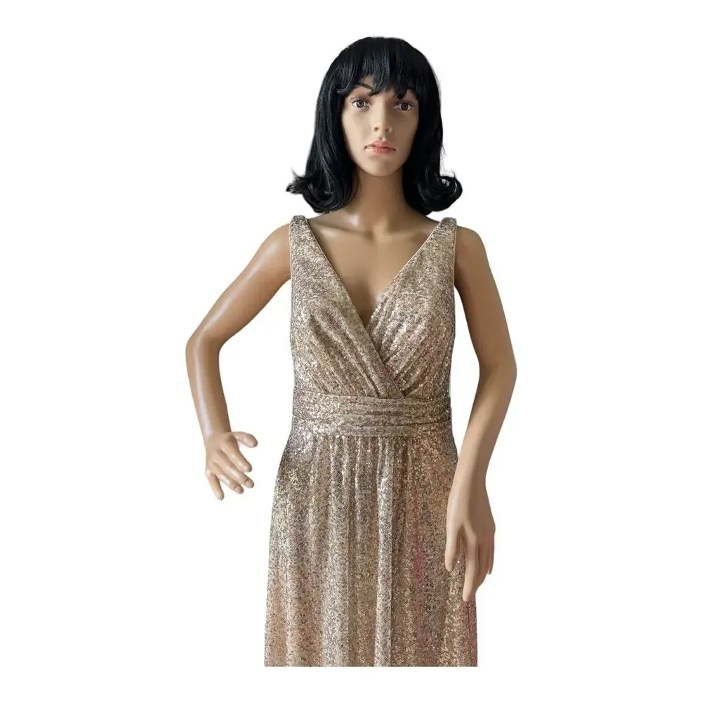David's Bridal sequin v-neck bridesmaid dress with satin piping gold size 8